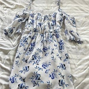 Blue Flowered Off Shoulder with Sleeves Church Spring Dress